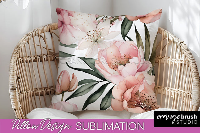 Watercolor Flowers Pillow Cover - Summer Pillow Sublimation Sublimation OrangeBrushStudio 
