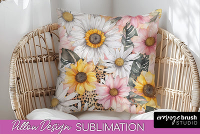 Watercolor Flowers Pillow Cover - Summer Pillow Sublimation Sublimation OrangeBrushStudio 