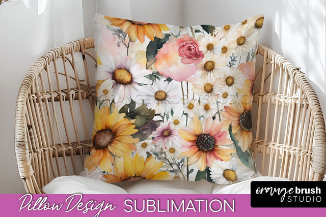 Watercolor Flowers Pillow Cover - Summer Pillow Sublimation Sublimation OrangeBrushStudio 