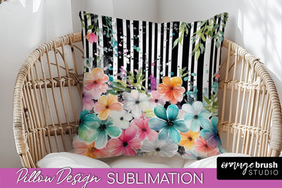 Watercolor Flowers Pillow Cover - Summer Pillow Sublimation Sublimation OrangeBrushStudio 