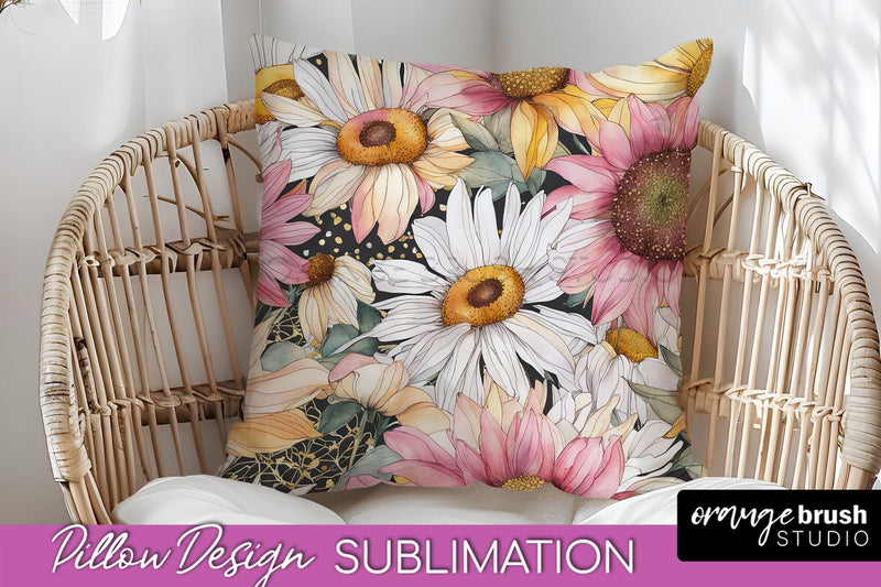 Watercolor Flowers Pillow Cover - Summer Pillow Sublimation Sublimation OrangeBrushStudio 