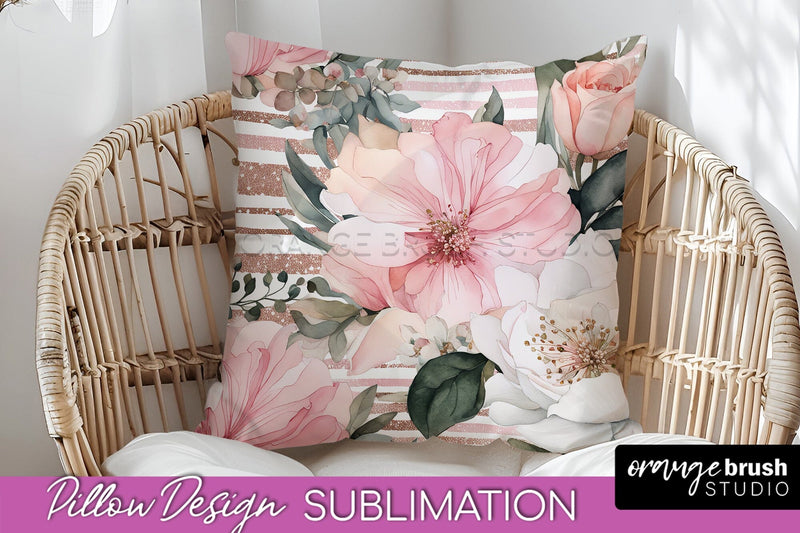 Watercolor Flowers Pillow Cover - Summer Pillow Sublimation Sublimation OrangeBrushStudio 