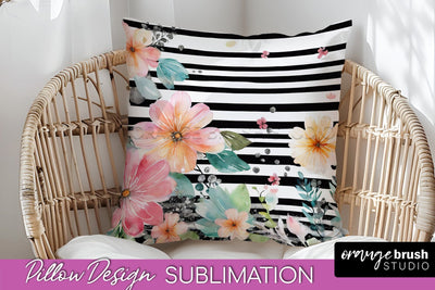 Watercolor Flowers Pillow Cover - Summer Pillow Sublimation Sublimation OrangeBrushStudio 