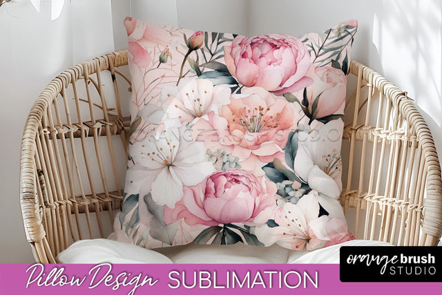 Watercolor Flowers Pillow Cover - Summer Pillow Sublimation Sublimation OrangeBrushStudio 