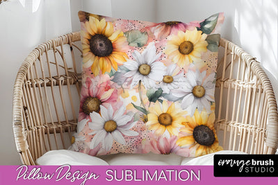 Watercolor Flowers Pillow Cover - Summer Pillow Sublimation Sublimation OrangeBrushStudio 