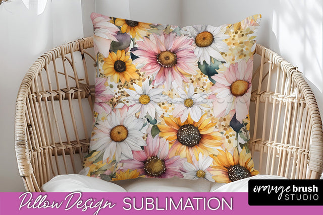 Watercolor Flowers Pillow Cover - Summer Pillow Sublimation Sublimation OrangeBrushStudio 