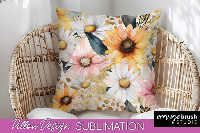 Watercolor Flowers Pillow Cover - Summer Pillow Sublimation Sublimation OrangeBrushStudio 