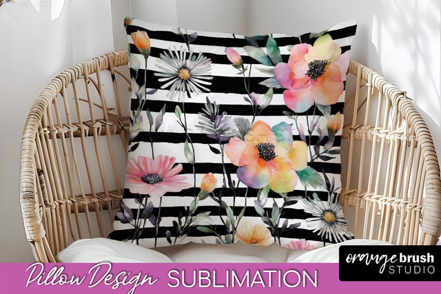Watercolor Flowers Pillow Cover - Summer Pillow Sublimation Sublimation OrangeBrushStudio 
