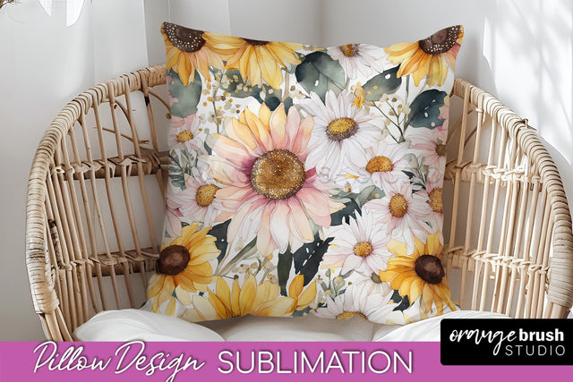 Watercolor Flowers Pillow Cover - Summer Pillow Sublimation Sublimation OrangeBrushStudio 