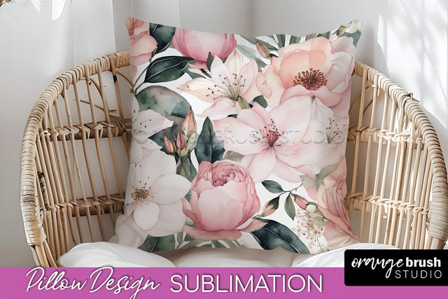 Watercolor Flowers Pillow Cover - Summer Pillow Sublimation Sublimation OrangeBrushStudio 