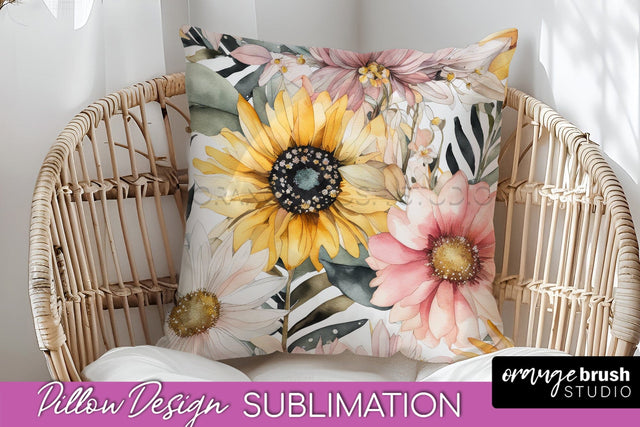 Watercolor Flowers Pillow Cover - Summer Pillow Sublimation Sublimation OrangeBrushStudio 