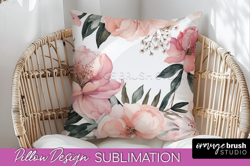 Watercolor Flowers Pillow Cover - Summer Pillow Sublimation Sublimation OrangeBrushStudio 