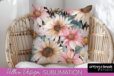 Watercolor Flowers Pillow Cover - Summer Pillow Sublimation Sublimation OrangeBrushStudio 
