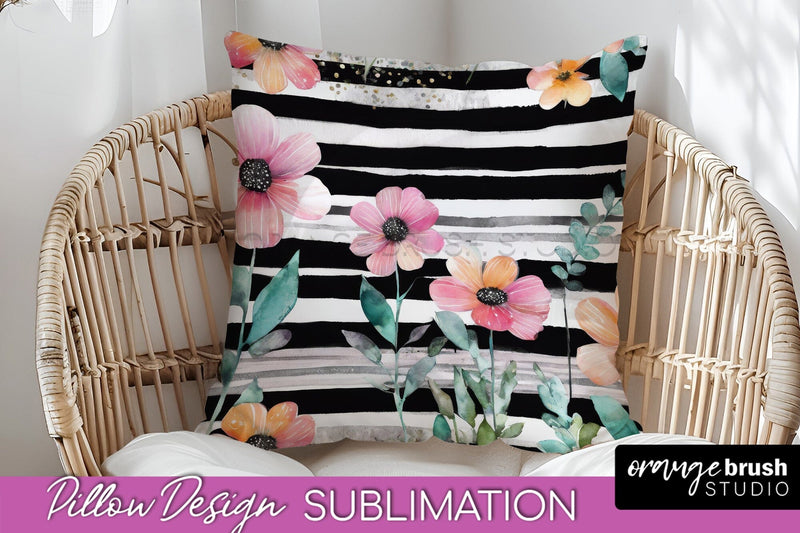 Watercolor Flowers Pillow Cover - Summer Pillow Sublimation Sublimation OrangeBrushStudio 