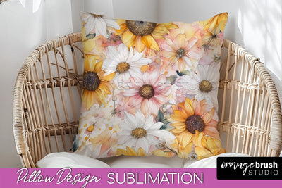 Watercolor Flowers Pillow Cover - Summer Pillow Sublimation Sublimation OrangeBrushStudio 