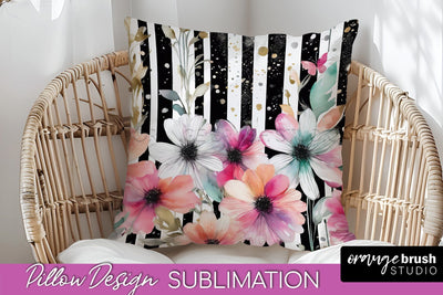 Watercolor Flowers Pillow Cover - Summer Pillow Sublimation Sublimation OrangeBrushStudio 