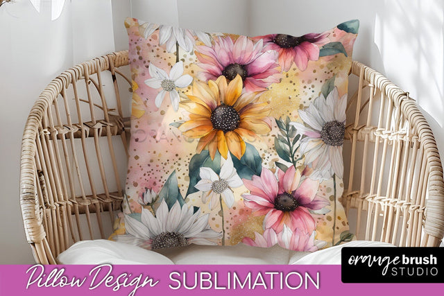 Watercolor Flowers Pillow Cover - Summer Pillow Sublimation Sublimation OrangeBrushStudio 