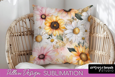 Watercolor Flowers Pillow Cover - Summer Pillow Sublimation Sublimation OrangeBrushStudio 
