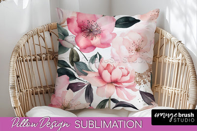 Watercolor Flowers Pillow Cover - Summer Pillow Sublimation Sublimation OrangeBrushStudio 