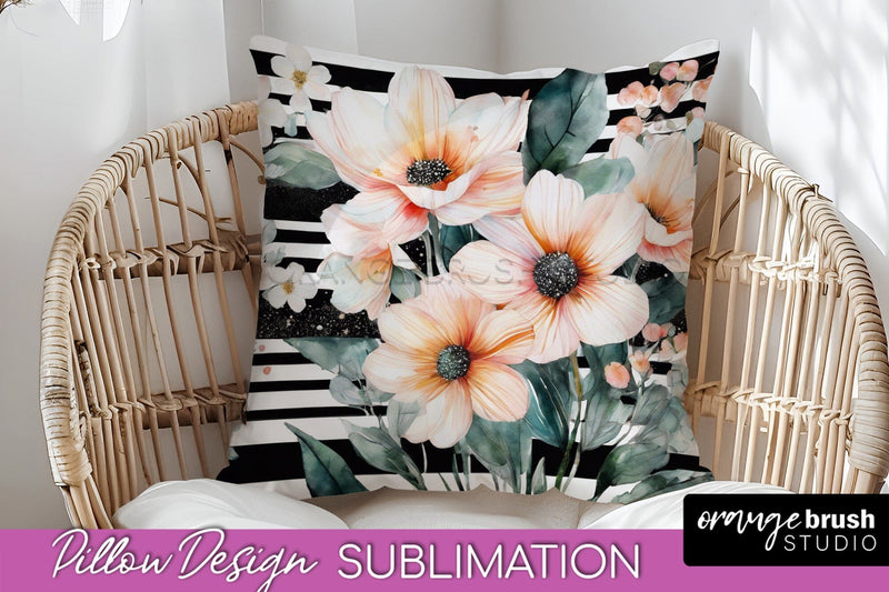 Watercolor Flowers Pillow Cover - Summer Pillow Sublimation Sublimation OrangeBrushStudio 