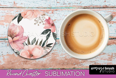 Watercolor Flowers Round Coaster - Floral Pink Sublimation Sublimation OrangeBrushStudio 