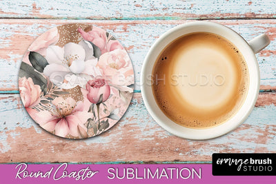 Watercolor Flowers Round Coaster - Floral Pink Sublimation Sublimation OrangeBrushStudio 