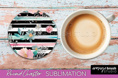 Watercolor Flowers Round Coaster - Floral Pink Sublimation Sublimation OrangeBrushStudio 