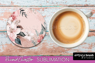 Watercolor Flowers Round Coaster - Floral Pink Sublimation Sublimation OrangeBrushStudio 