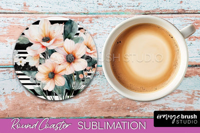 Watercolor Flowers Round Coaster - Floral Pink Sublimation Sublimation OrangeBrushStudio 