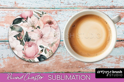 Watercolor Flowers Round Coaster - Floral Pink Sublimation Sublimation OrangeBrushStudio 