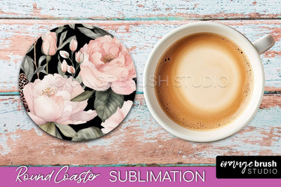 Watercolor Flowers Round Coaster - Floral Pink Sublimation Sublimation OrangeBrushStudio 