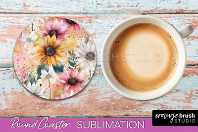 Watercolor Flowers Round Coaster - Floral Pink Sublimation Sublimation OrangeBrushStudio 