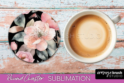 Watercolor Flowers Round Coaster - Floral Pink Sublimation Sublimation OrangeBrushStudio 