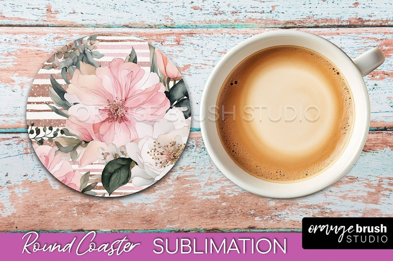 Watercolor Flowers Round Coaster - Floral Pink Sublimation Sublimation OrangeBrushStudio 