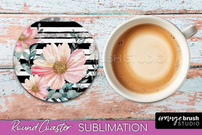 Watercolor Flowers Round Coaster - Floral Pink Sublimation Sublimation OrangeBrushStudio 