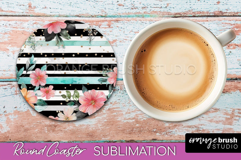 Watercolor Flowers Round Coaster - Floral Pink Sublimation Sublimation OrangeBrushStudio 