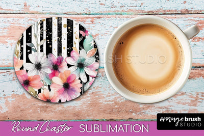 Watercolor Flowers Round Coaster - Floral Pink Sublimation Sublimation OrangeBrushStudio 