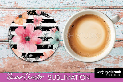 Watercolor Flowers Round Coaster - Floral Pink Sublimation Sublimation OrangeBrushStudio 