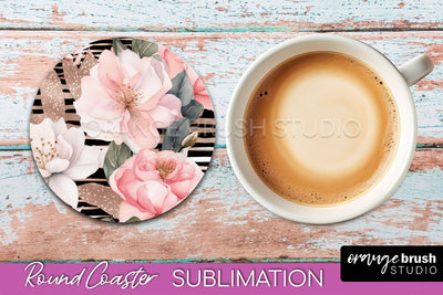 Watercolor Flowers Round Coaster - Floral Pink Sublimation Sublimation OrangeBrushStudio 