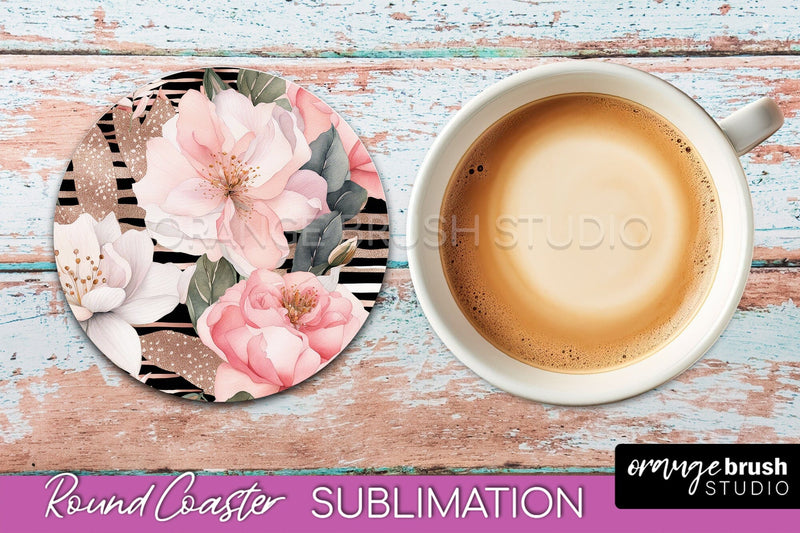 Watercolor Flowers Round Coaster - Floral Pink Sublimation Sublimation OrangeBrushStudio 