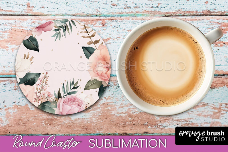 Watercolor Flowers Round Coaster - Floral Pink Sublimation Sublimation OrangeBrushStudio 