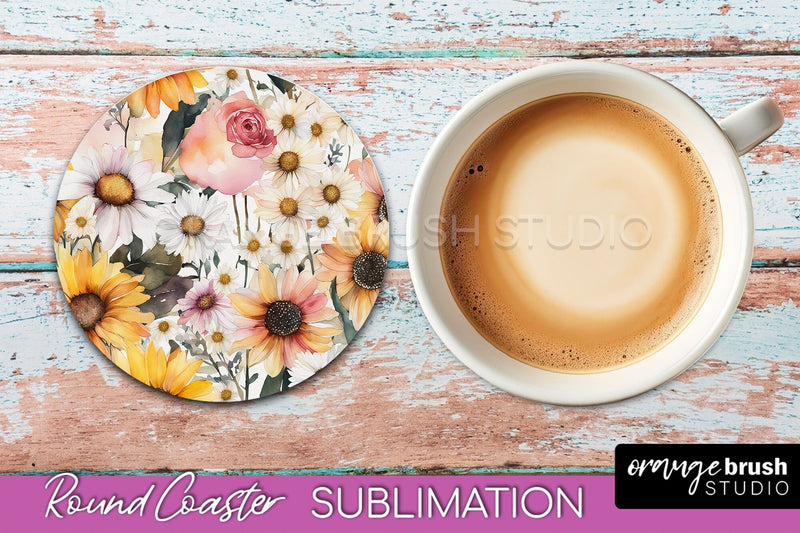 Watercolor Flowers Round Coaster - Floral Pink Sublimation Sublimation OrangeBrushStudio 