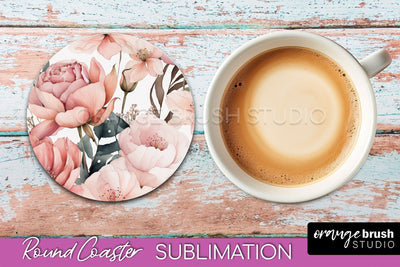 Watercolor Flowers Round Coaster - Floral Pink Sublimation Sublimation OrangeBrushStudio 