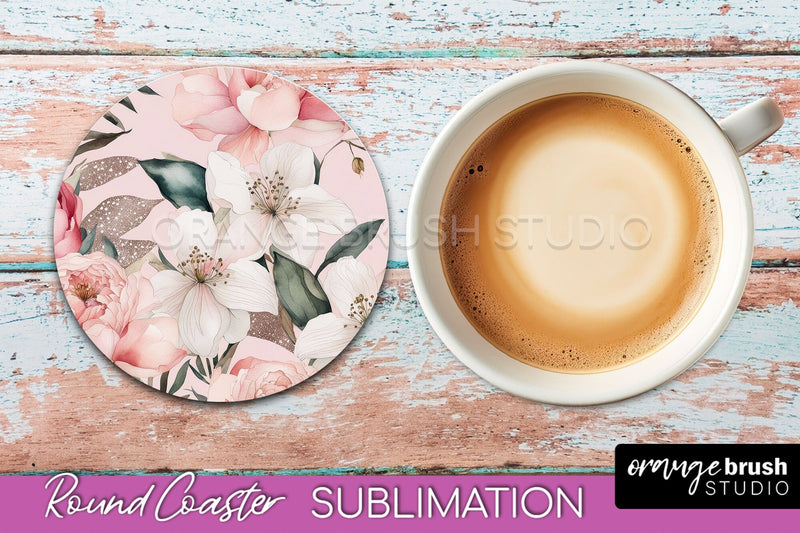 Watercolor Flowers Round Coaster - Floral Pink Sublimation Sublimation OrangeBrushStudio 