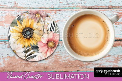 Watercolor Flowers Round Coaster - Floral Pink Sublimation Sublimation OrangeBrushStudio 