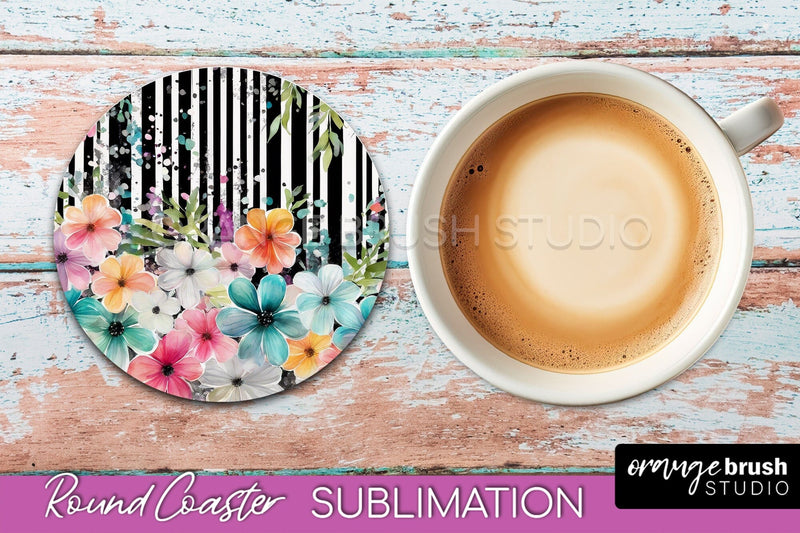 Watercolor Flowers Round Coaster - Floral Pink Sublimation Sublimation OrangeBrushStudio 