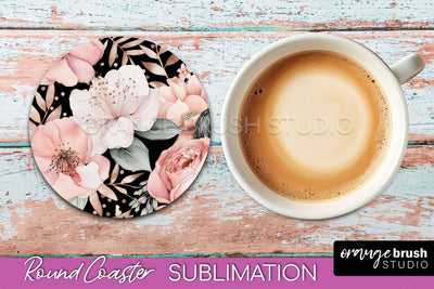 Watercolor Flowers Round Coaster - Floral Pink Sublimation Sublimation OrangeBrushStudio 