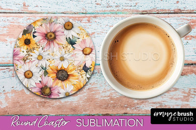 Watercolor Flowers Round Coaster - Floral Pink Sublimation Sublimation OrangeBrushStudio 