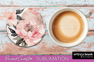 Watercolor Flowers Round Coaster - Floral Pink Sublimation Sublimation OrangeBrushStudio 