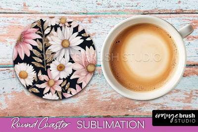 Watercolor Flowers Round Coaster - Floral Pink Sublimation Sublimation OrangeBrushStudio 